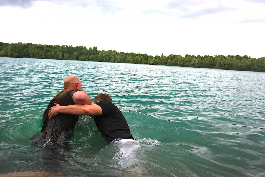 As they were already in the water, Mike couldn't resist the Rugby tackle.